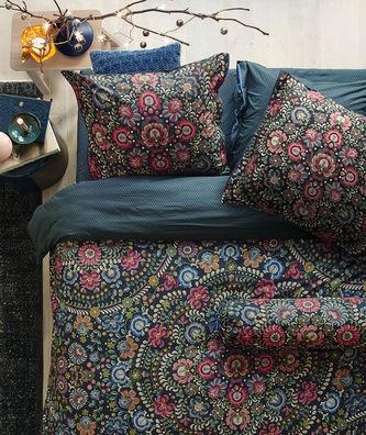 PIP Studio Perkal Bettwäsche 135x200 Il Ricamo darkblue Wende Blütenmeer Ornamente