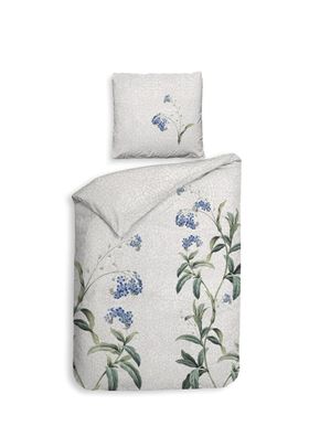 Heckett & Lane Satin Bettwäsche 135x200 Lacie Light Grey Vergissmeinnicht Blüten
