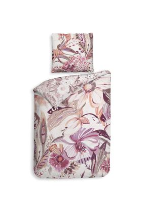 Heckett & Lane Satin Bettwäsche 155x220 Kina White Blüten Blätter lila rosa Wende