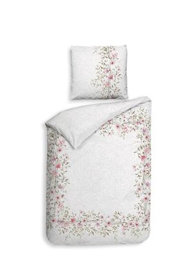 Heckett & Lane Satin Bettwäsche 155x220 Jolie White Blütenranke rosa grün Wende