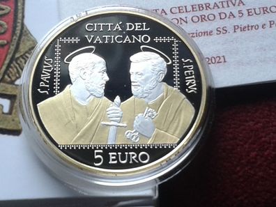 Original 5 euro 2021 PP Vatikan 50. Jahrestag Peter und Paul Silber vergolded gilded