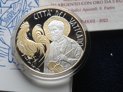 Original 5 euro 2022 PP Vatikan Silber Zwölf Aposten Petrus vergolded gilded