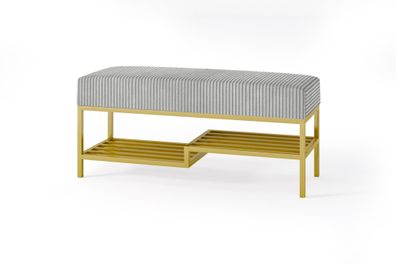 BETTSO Graue Cordbank mit Regal MELLO 100 auf goldenem Gestell für den Korridor