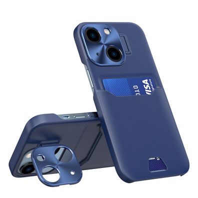 Leder-Staenderhuelle fuer iPhone 14 Blau - Kartenetui, Portemonnaie & Staenderfunkti