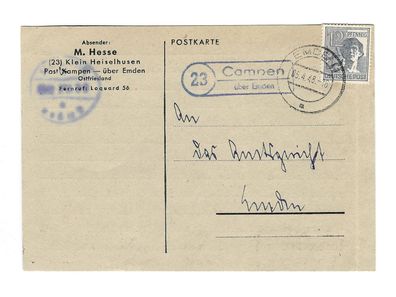 Landpoststempel Campen über Emden auf Postkarte vom 05.04.48
