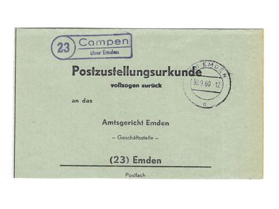 Landpoststempel Campen über Emden auf Postzustellungsurkunde vom 30.09.60