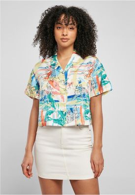 Urban Classics Damen Ladies Aop Satin Resort Shirt Softyellowvacation