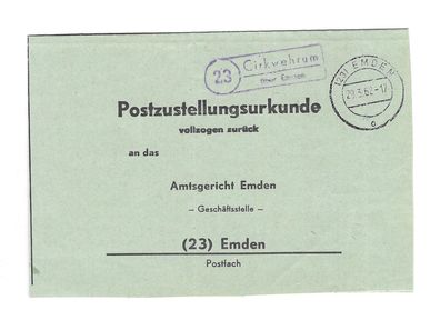 Landpoststempel Cirkwehrum über Emden auf Postzustellungsurkunde vom 29.03.62