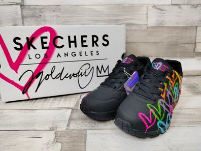 Skechers Damen Schnürschuh schwarz mit bunten Herzchen