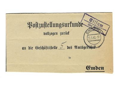 Landpoststempel Eilsum über Ermden auf Postzustellungsurkunde vom 12.09.42