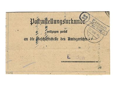 Landpoststempel Eilsum über Ermden auf Postzustellungsurkunde vom 07.10.48