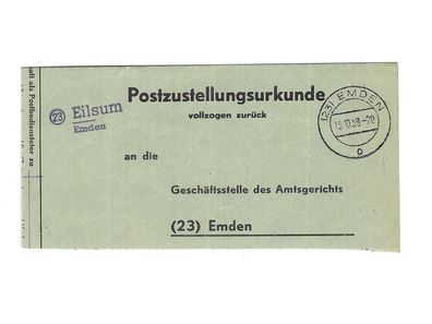 Landpoststempel 23 Eilsum-Ermden auf Postzustellungsurkunde vom 15.10.59