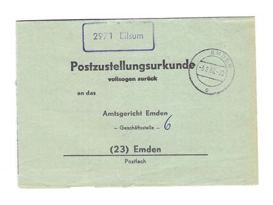 Landpoststempel 2971 Eilsum auf Postzustellungsurkunde vom 03.08.62