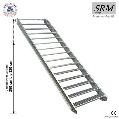 15 Stufen Stahltreppe Breite 60 - 160 cm Geschosshöhe 250 - 320 cm ohne Geländer