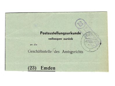 Landpoststempel Freepsum über Emden auf Postzustellungsurkunde vom 20.12.52