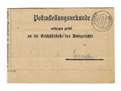 Landpoststempel Greetsiel über Emden auf Postzustellungsurkunde vom 08.09.49