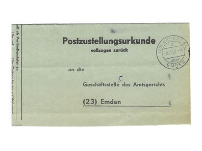 Landpoststempel Greetsiel über Emden auf Postzustellungsurkunde vom 30.12.57