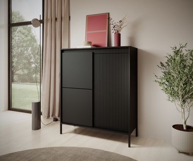 AX LIVING Trentinis 3D Schwarze Highboard modern 103,5 cm, geriffeltes