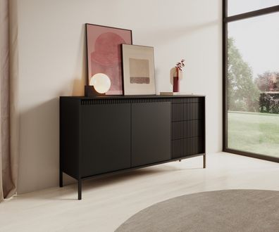 AX LIVING Trentinis 153 2D3S Schwarzes Sideboard, 153,5 cm geriffeltes