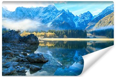 Vlies Selbstklebende Fototapete Landschaft 3D Berge See Wald Natur für Wohnzimmer