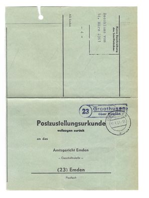 Landpoststempel Groothusen über Emden auf Postzustellungsurkunde vom 17.03.61