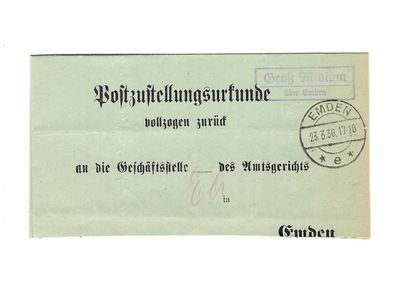 Landpoststempel Groß Midlum über Emden auf Postzustellungsurkunde vom 23.03.36