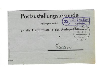 Landpoststempel Groß Midlum über Emden auf Postzustellungsurkunde vom 19.03.51