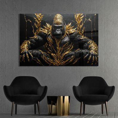 Affe Gorilla in Gold Kunst, Wandbild Deko Tier in Leinwand, Acrylglas oder Poster