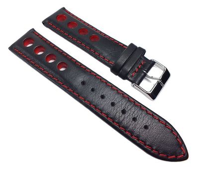 Racing Uhrenarmband Rindsleder mit Lochmuster schwarz/Rot 22211S
