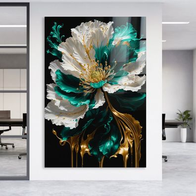 Bild Kunst, Gold und Grün Blumen, Wandbild in Leinwand, Acrylglas oder Poster