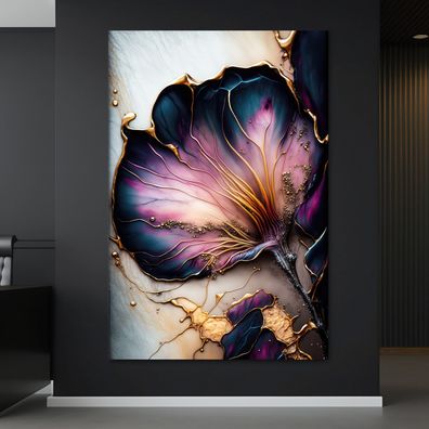 Bild Kunst, Gold und Lila Blumen, Wandbild in Leinwand, Acrylglas oder Poster