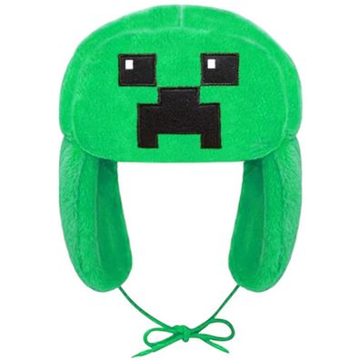 Minecraft Tschapka - Grüne Fleece-Mütze mit Klappohren und schwarzem Creeper-Logo