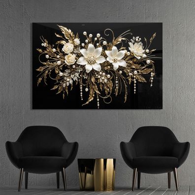 Wandbild Luxus Blumen mit Gold, Kunst Bild, Poster, Leinwand oder Acrylglas