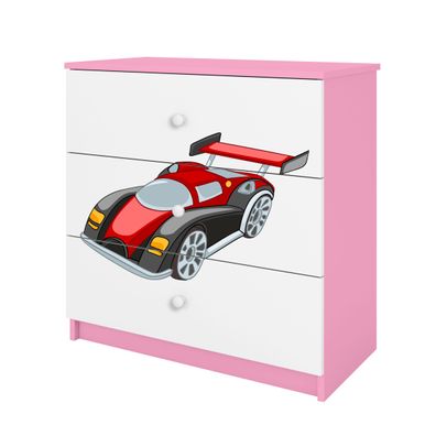 Kinderkommode mit Schubladen Rennwagen in der Farbe Rosa Babydreams