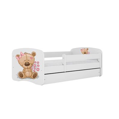 Kinderbett Teddybärblumen mit Schublade und Matratze Weiß Jugendbett 160/80