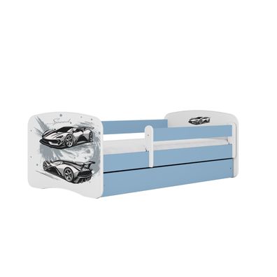 Kinderbett Sportwagen mit Schublade und Matratze Blau Jugendbett 180/80