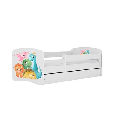 Kinderbett Dino mit Schublade und Matratze Weiß Jugendbett 140/70