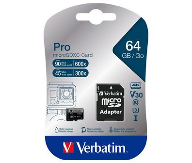 microSDXC-Card 64GB, PRO, U3, UHS-I, 4K UHD + SD-Adpater