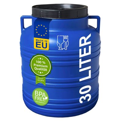 plasteo® 30 Liter Weithalsfass mit Deckel und Griffen, Lebensmittelecht und BPA-Frei
