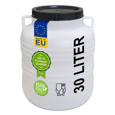 plasteo® 30 Liter Weithalsfass mit Deckel und Henkel Rund Natur, Lebensmittelecht