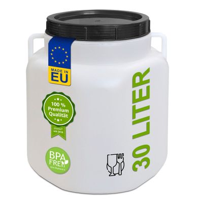 plasteo® 30 Liter Weithalsfass Natur Eckig mit Deckel und Henkeln, Lebensmittelecht