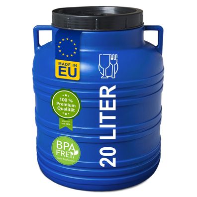 plasteo® 20 Liter Weithalsfass mit Deckel und Henkel Rund Blau, Lebensmittelecht