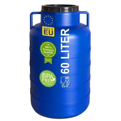 Plasteo® 60 Liter Weithalsfass Blau Rund mit Deckel und Henkeln, Lebensmittelecht