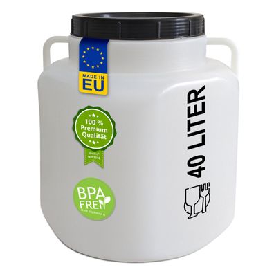 plasteo® 40 Liter Weithalsfass mit Deckel und Griffen Eckig Natur, Lebensmittelecht