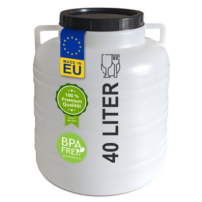 plasteo® 40 Liter Weithalsfass mit Deckel und Henkeln Rund Natur, Lebensmittelecht