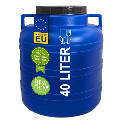 plasteo® 40 Liter Weithalsfass mit Deckel und Henkel Rund Blau, Lebensmittelecht