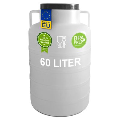 Plasteo® 60 Liter Weithalsfass Natur Rund mit Deckel und Henkeln, Lebensmittelecht