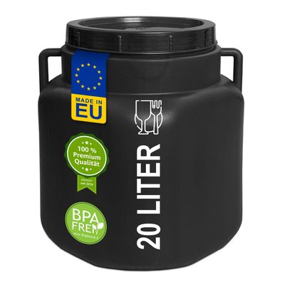 plasteo® 20 Liter Weithalsfass mit Deckel und Griffen Eckig Schwarz, Lebensmittelecht