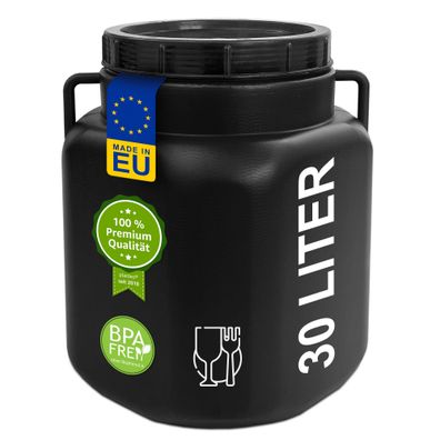 plasteo® 30 Liter Weithalsfass mit Deckel und Griffen Eckig Schwarz Lebensmittelecht