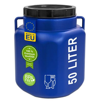 plasteo® 50 Liter Weithalsfass mit Deckel und Griffen Eckig Blau, Lebensmittelecht